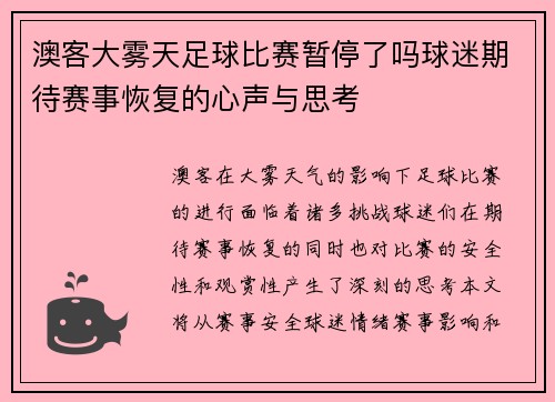 澳客大雾天足球比赛暂停了吗球迷期待赛事恢复的心声与思考