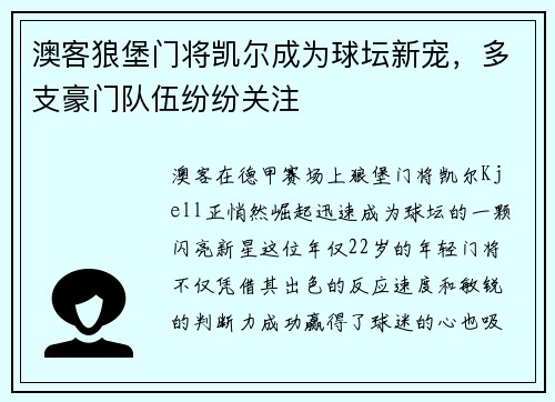 澳客狼堡门将凯尔成为球坛新宠，多支豪门队伍纷纷关注